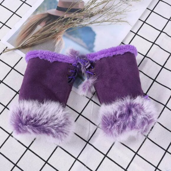 x2 Pairs Faux Fur Suede Fingerless Gloves - Multiple Colors Available- Brand New - Picture 1 of 4